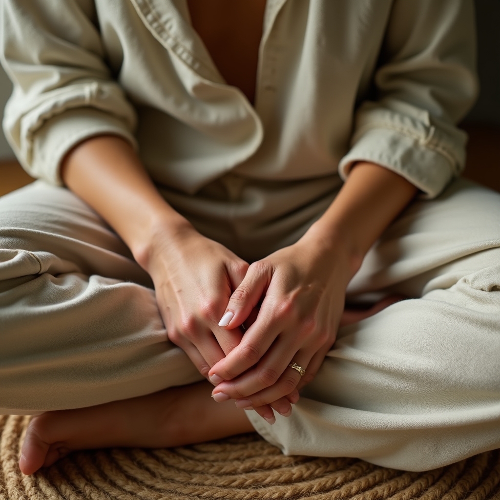 Close-up of hands resting on knees in a seated awareness posture, soft natural light