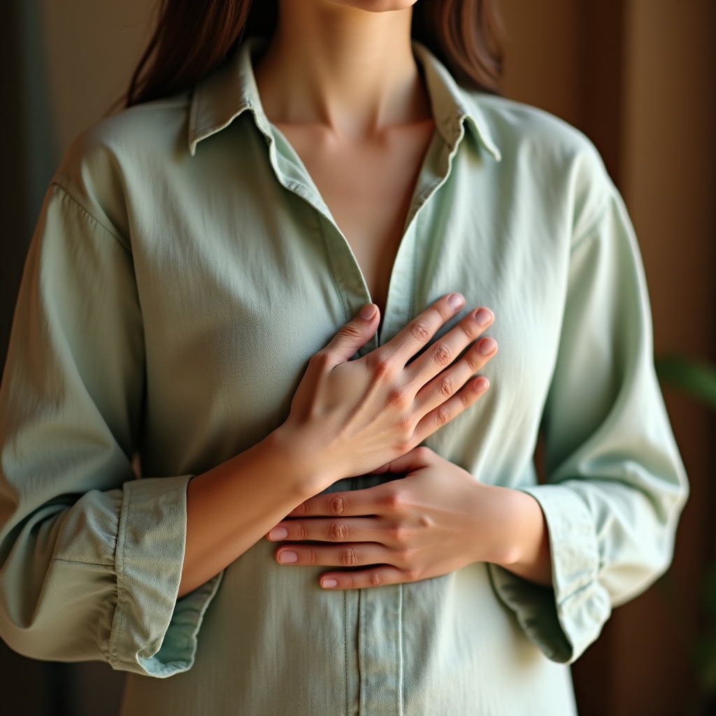 Close-up of a person's torso with hands placed on chest and abdomen, practicing diaphragmatic breathing in soft side lighting
