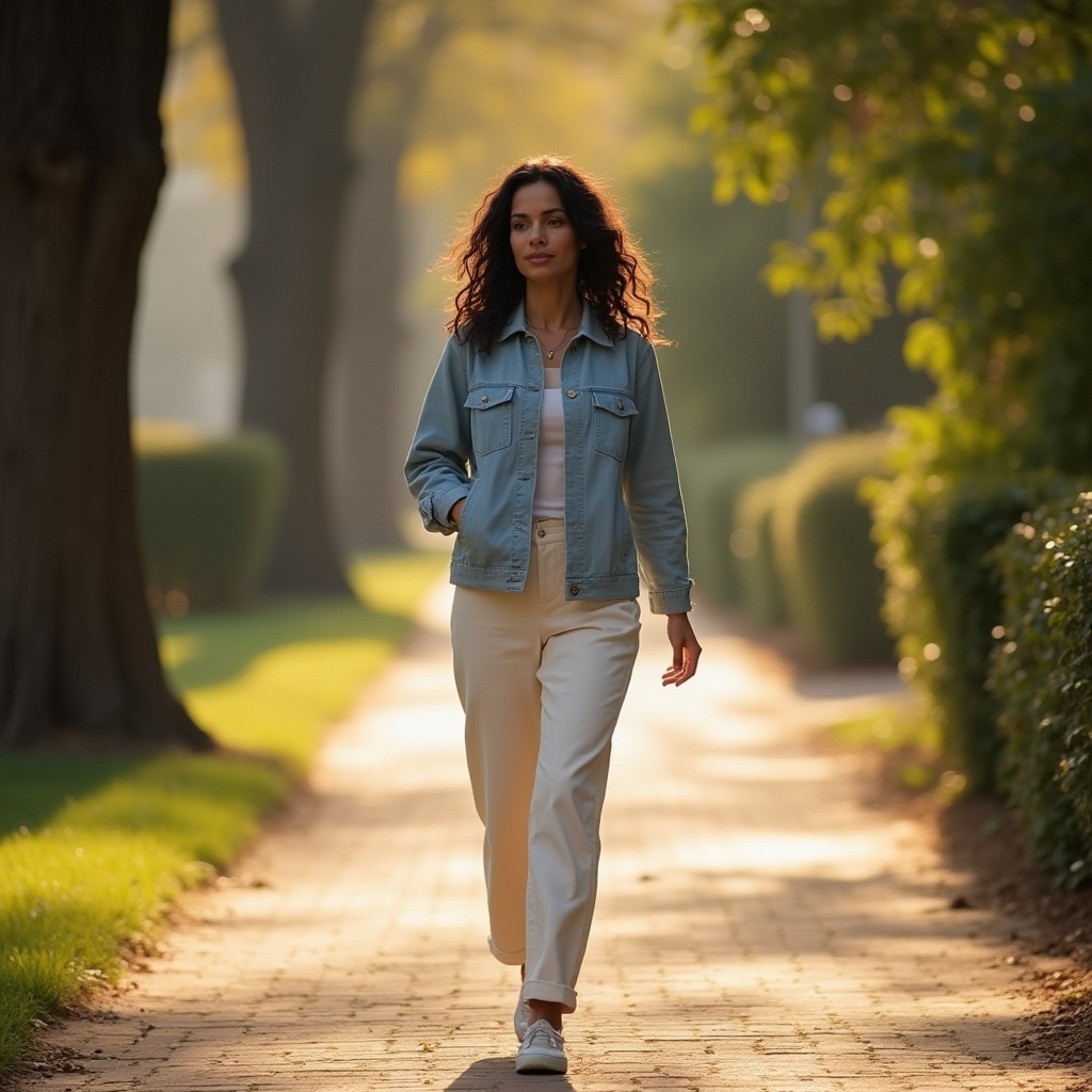 Wide shot of a person walking on a quiet urban path in early morning light, moving with deliberate, aware posture