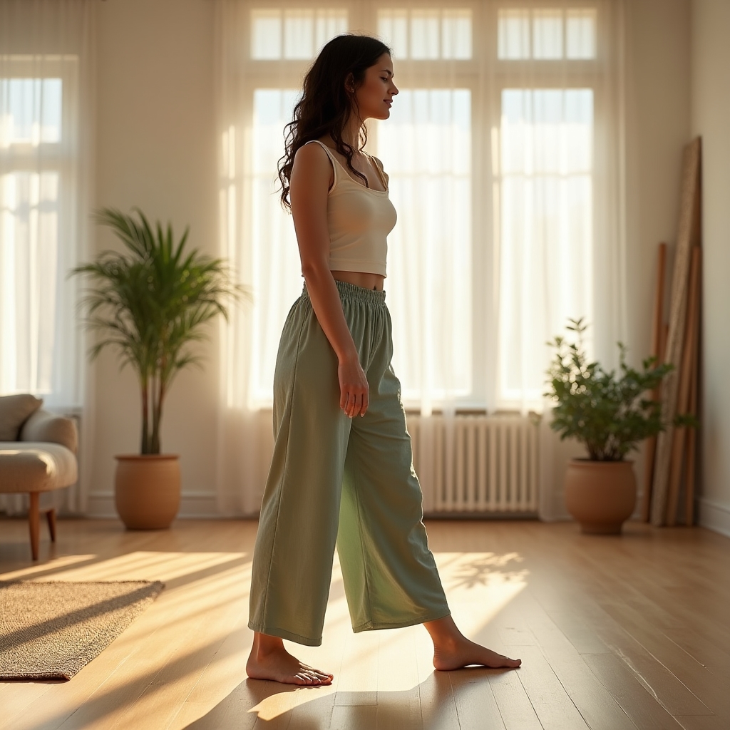 Person practicing mindful movement with focused body awareness in a warm, natural light space