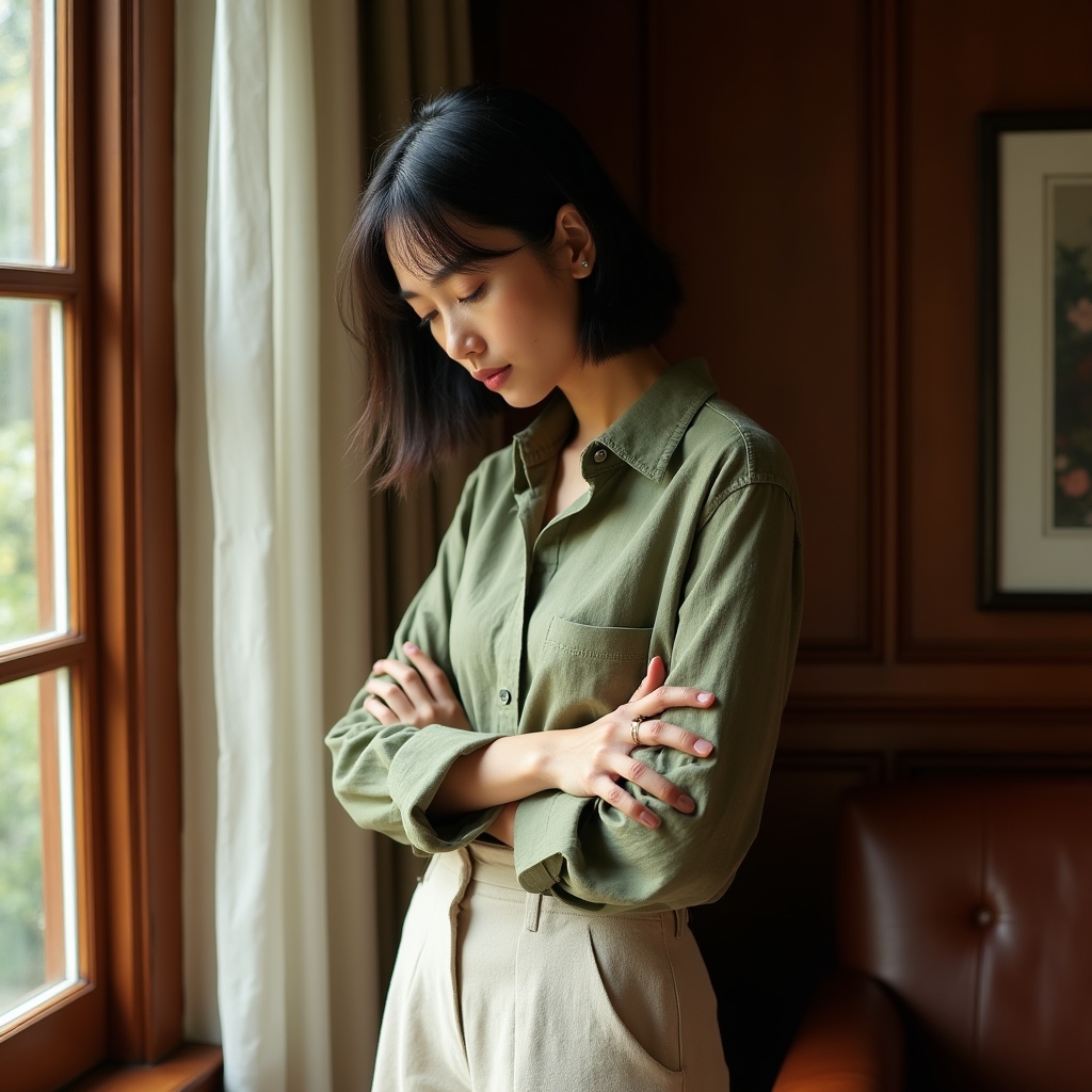 Person in a quiet, sunlit room practicing gentle movement with focused, calm expression