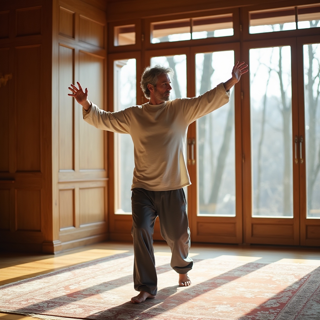 Wide shot of a person in a spacious wooden-floored room performing a slow, deliberate movement exercise