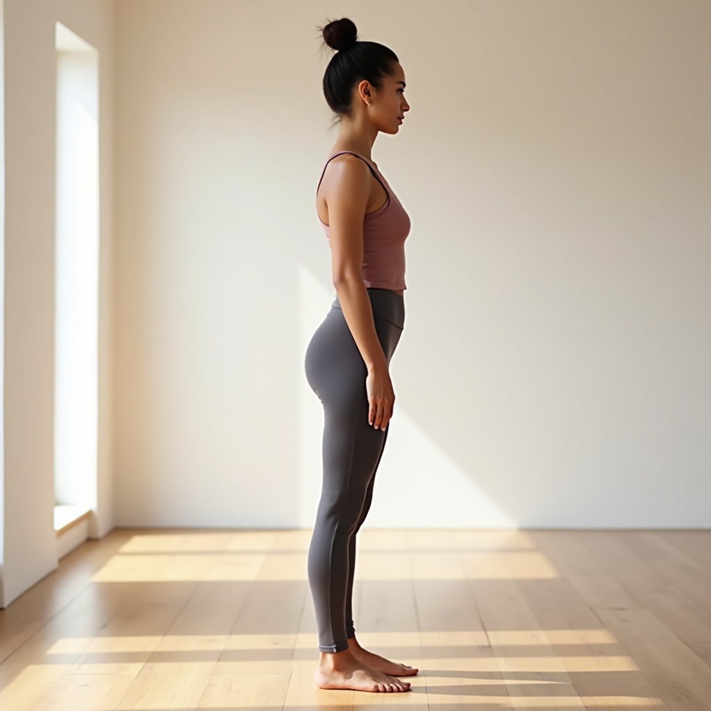 Side profile of a person standing with natural aligned posture in soft studio light, demonstrating body alignment
